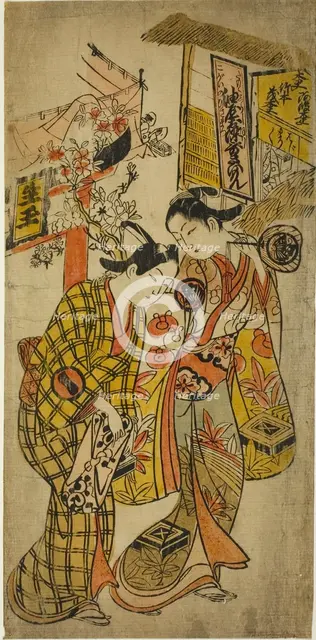 The Actors Sanjo Kantaro II as Osome and Ichikawa Monnosuke as Hisamatsu in the play..., c. 1720. Creator: Okumura Masanobu.