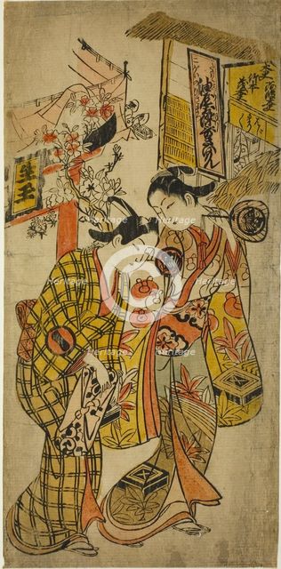 The Actors Sanjo Kantaro II as Osome and Ichikawa Monnosuke as Hisamatsu in the play..., c. 1720. Creator: Okumura Masanobu.