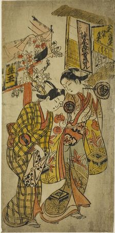 The Actors Sanjo Kantaro II as Osome and Ichikawa Monnosuke as Hisamatsu in the play..., c. 1720. Creator: Okumura Masanobu
