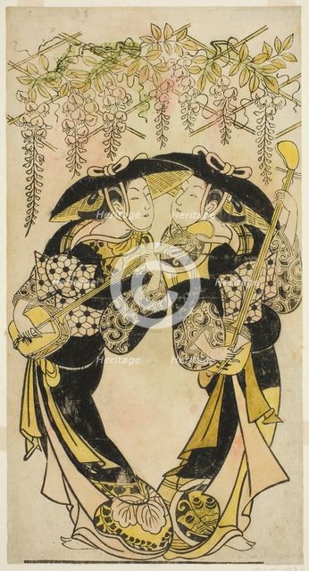 The Actors Sanjo Kantaro (right) and Fujimura Handayu (left) as musicians playing under..., c1717/18 Creator: Unknown.