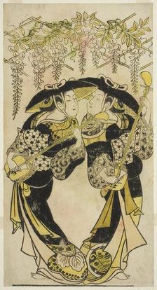 The Actors Sanjo Kantaro (right) and Fujimura Handayu (left) as musicians playing under..., c1717/18 Creator: Unknown