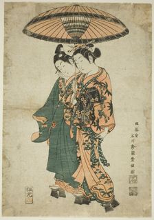 The Actors Sanogawa Ichimatsu I and Segawa Kikunojo I as lovers under an umbrella, c. 1740s. Creator: Ishikawa Toyonobu