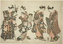 The Actors Sanogawa Ichimatsu (right), Nakamura Kiyosaburo (center right), Sanogawa..., c. 1750. Creator: Ishikawa Toyonobu