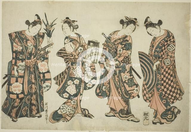 The Actors Sanogawa Ichimatsu (right), Nakamura Kiyosaburo (center right), Sanogawa..., c. 1750. Creator: Ishikawa Toyonobu.