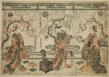 The Actors Sanogawa Ichimatsu (right), Nakamura Tomijuro (center), and Nakamura Kumetar..., c. 1753. Creator: Torii Kiyohiro