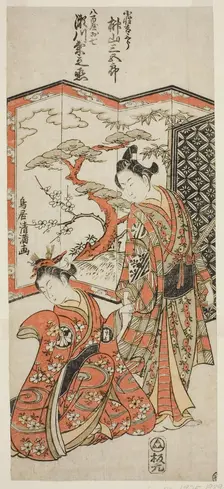 The Actors Sakakiyama Sangoro as the page boy Kichisaburo and Segawa Kikunojo II as Oshich..., 1759. Creator: Torii Kiyomitsu