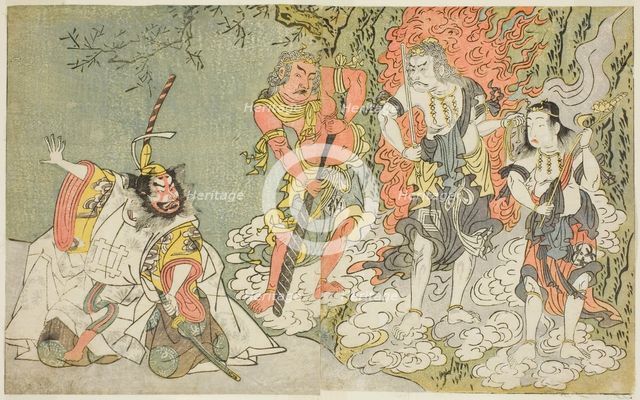 The Actors Sawamura Kijuro I as Ikazuchi Shinno, Prince of Thunder (far left), Ichik..., c. 1771/72. Creator: Shunsho.