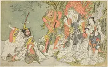 The Actors Sawamura Kijuro I as Ikazuchi Shinno, Prince of Thunder (far left), Ichik..., c. 1771/72. Creator: Shunsho