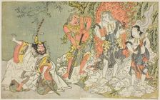 The Actors Sawamura Kijuro I as Ikazuchi Shinno, Prince of Thunder (far left), Ichik..., c. 1771/72. Creator: Shunsho