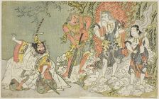 The Actors Sawamura Kijuro I as Ikazuchi Shinno, Prince of Thunder (far left), Ichik..., c. 1771/72. Creator: Shunsho