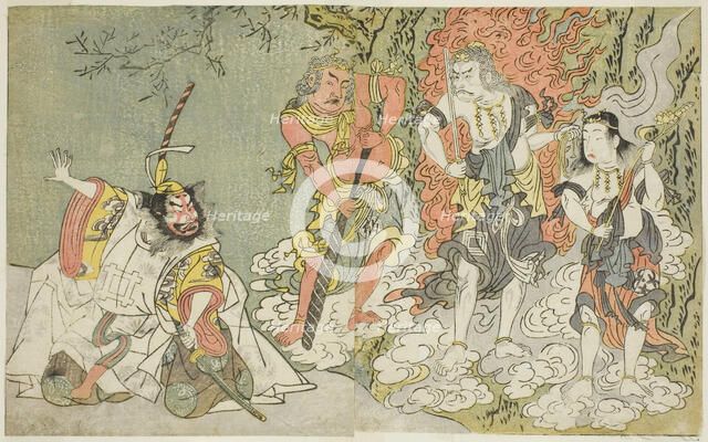 The Actors Sawamura Kijuro I as Ikazuchi Shinno, Prince of Thunder (far left), Ichik..., c. 1771/72. Creator: Shunsho.
