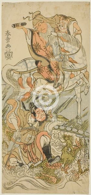 The Actors Sawamura Sojuro II as the Chinese Sage Huangshi Gong (on horseback), and Ich..., c. 1768. Creator: Shunsho.