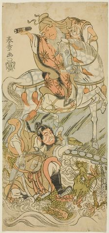 The Actors Sawamura Sojuro II as the Chinese Sage Huangshi Gong (on horseback), and Ich..., c. 1768. Creator: Shunsho