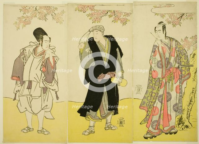 The Actors Sawamura Sojuro III as Kusunoki Tatewaki Masatsura (right), Onoe Matsusuke I..., c. 1786. Creator: Shunsho.