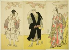 The Actors Sawamura Sojuro III as Kusunoki Tatewaki Masatsura (right), Onoe Matsusuke I..., c. 1786. Creator: Shunsho