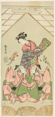 The Actors Segawa Kikunojo II as the Wet Nurse Reizei, Ichikawa Komazo I as Suruga no..., c. 1768. Creator: Shunsho