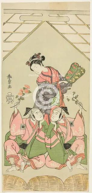 The Actors Segawa Kikunojo II as the Wet Nurse Reizei, Ichikawa Komazo I as Suruga no..., c. 1768. Creator: Shunsho.