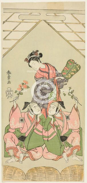 The Actors Segawa Kikunojo II as the Wet Nurse Reizei, Ichikawa Komazo I as Suruga no..., c. 1768. Creator: Shunsho.