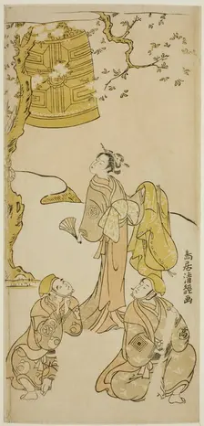 The Actors Segawa Kikunojo II, Ichikawa Komazo II, and Arashi Otohachi I in the play "Fude..., 1768. Creator: Torii Kiyotsune