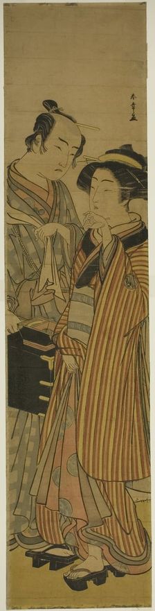 The Actors Segawa Kikunojo III as Okoma (right), and Arashi Sangoro III as the Hairdres..., c. 1776. Creator: Shunsho