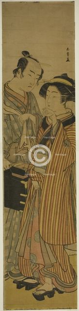 The Actors Segawa Kikunojo III as Okoma (right), and Arashi Sangoro III as the Hairdres..., c. 1776. Creator: Shunsho.