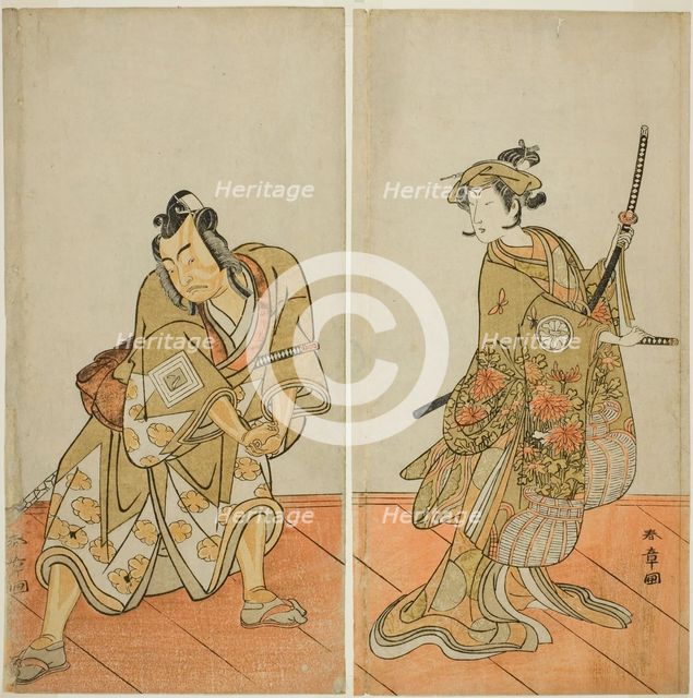 The Actors Segawa Kikunojo III as Aigo no Waka (right), and Ichikawa Yaozo II as Hachio..., c. 1774. Creator: Shunsho.