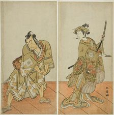 The Actors Segawa Kikunojo III as Aigo no Waka (right), and Ichikawa Yaozo II as Hachio..., c. 1774. Creator: Shunsho