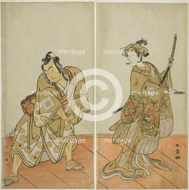 The Actors Segawa Kikunojo III as Aigo no Waka (right), and Ichikawa Yaozo II as Hachio..., c. 1774. Creator: Shunsho.