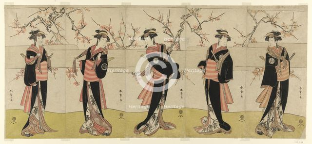 The Actors Segawa Kikunojo III as Karigane Obun, Nakayama Tomisaburo I as An no Oyasu..., c. 1792. Creator: Shunsho.