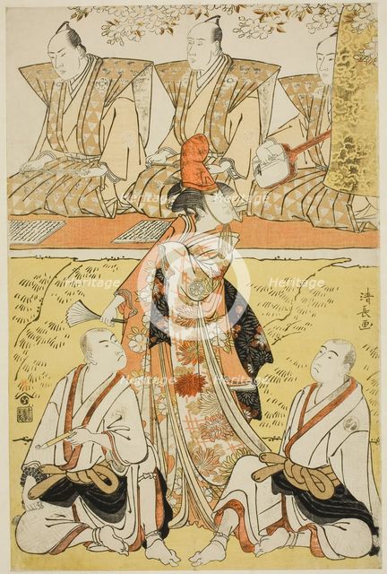 The Actors Segawa Kikunojo III as Koito, Sawamura Sojuro III as the monk Sainenbo, and Ich..., 1783. Creator: Torii Kiyonaga.