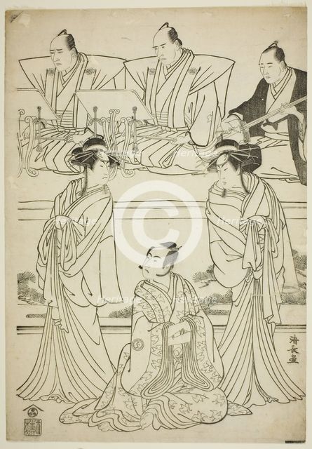 The Actors Segawa Kikunojo III as the ghost of Yatsuhashi, Sawamura Sojuro III as Soga no ..., 1783. Creator: Torii Kiyonaga.