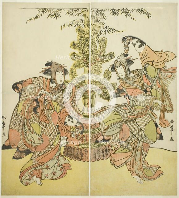 The Actors Segawa Kikunojo III as Yasukata (right), and Iwai Hanshiro IV as Utou (left)..., c. 1782. Creator: Shunsho.