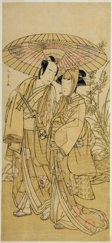 The Actors Segawa Kikunojo III (right) as Ochiyo, and Bando Mitsugoro I (left) as the..., c. 1781. Creator: Shunsho