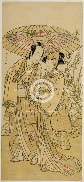The Actors Segawa Kikunojo III (right) as Ochiyo, and Bando Mitsugoro I (left) as the..., c. 1781. Creator: Shunsho.