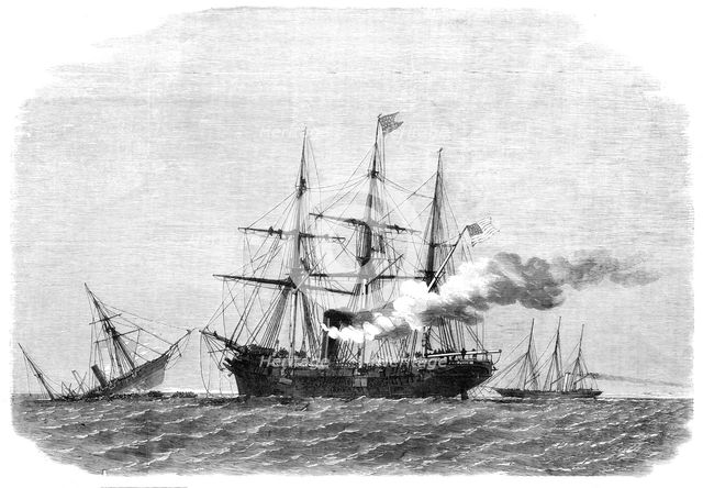 The action off Cherbourg on Sunday between the Alabama and the Kearsarge: the Alabama sinking, 1864. Creator: Smyth.