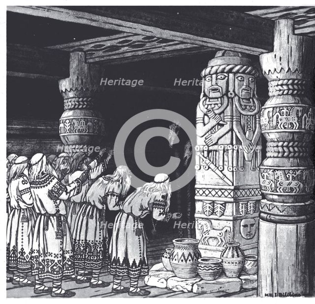 The Adoration of the god Svetovid, 1934. Artist: Bilibin, Ivan Yakovlevich (1876-1942)
