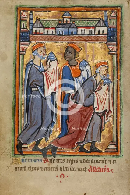 The Adoration of the Magi; Illustrated Vita Christi..., about 1190-1200; text added about 1480-1490. Creator: Unknown.