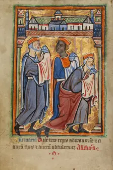 The Adoration of the Magi; Illustrated Vita Christi..., about 1190-1200; text added about 1480-1490. Creator: Unknown