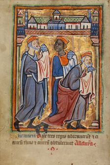 The Adoration of the Magi; Illustrated Vita Christi..., about 1190-1200; text added about 1480-1490. Creator: Unknown