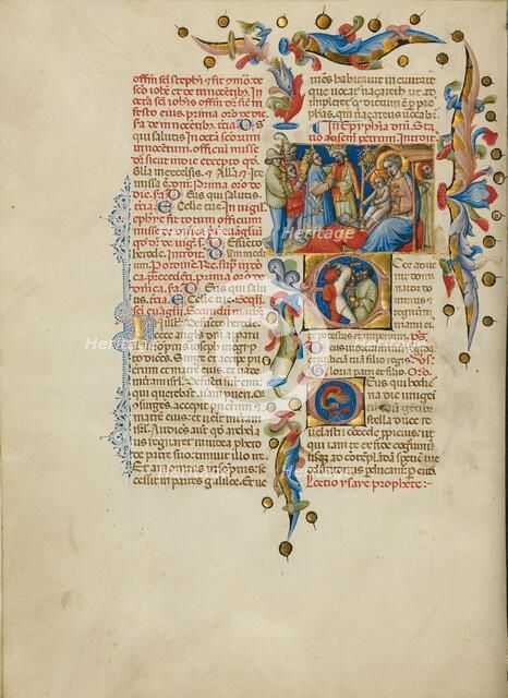 The Adoration of the Magi: Initial E: Sword Bearers; Missal, between about 1389 and 1400. Creator: Master of the Brussels Initials.