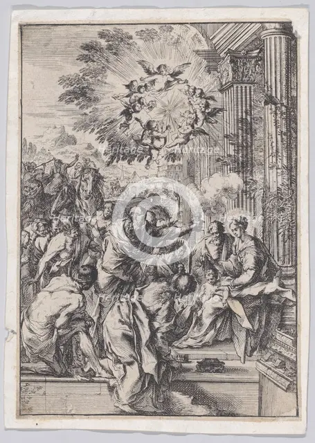 The Adoration of the Magi, set before and architectural colonnade, ca. 1640. Creator: Pietro Testa.