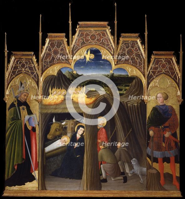 The Adoration of the Shepherds between Saints Augustine and Galgano, 1440-1449. Artist: Pietro di Giovanni d'Ambrogio (ca 1410-1449)