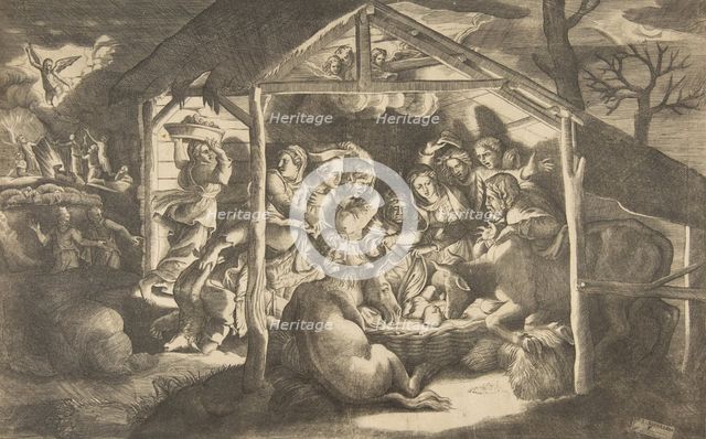The adoration of the shepherds, various figures surrounding the Christ Child in the cen..., 1531-76. Creator: Giulio Bonasone.