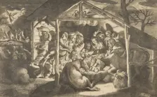 The adoration of the shepherds, various figures surrounding the Christ Child in the cen..., 1531-76. Creator: Giulio Bonasone
