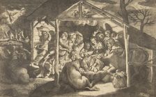 The adoration of the shepherds, various figures surrounding the Christ Child in the cen..., 1531-76. Creator: Giulio Bonasone