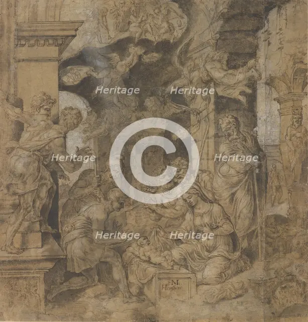 The Adoration of the Shepherds; verso: Sketches, ca. 1532-37. Creator: Maerten van Heemskerck.
