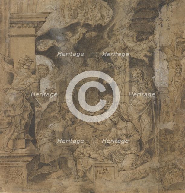 The Adoration of the Shepherds; verso: Sketches, ca. 1532-37. Creator: Maerten van Heemskerck.