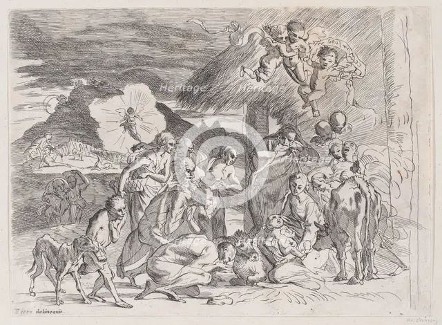 The adoration of the shepherds who gather at left, angels holding a banderole upper r..., 1700-1800. Creator: Anon.