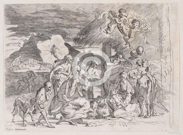 The adoration of the shepherds who gather at left, angels holding a banderole upper r..., 1700-1800. Creator: Anon.