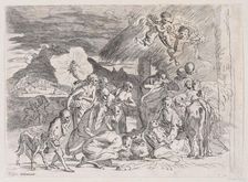 The adoration of the shepherds who gather at left, angels holding a banderole upper r..., 1700-1800. Creator: Anon